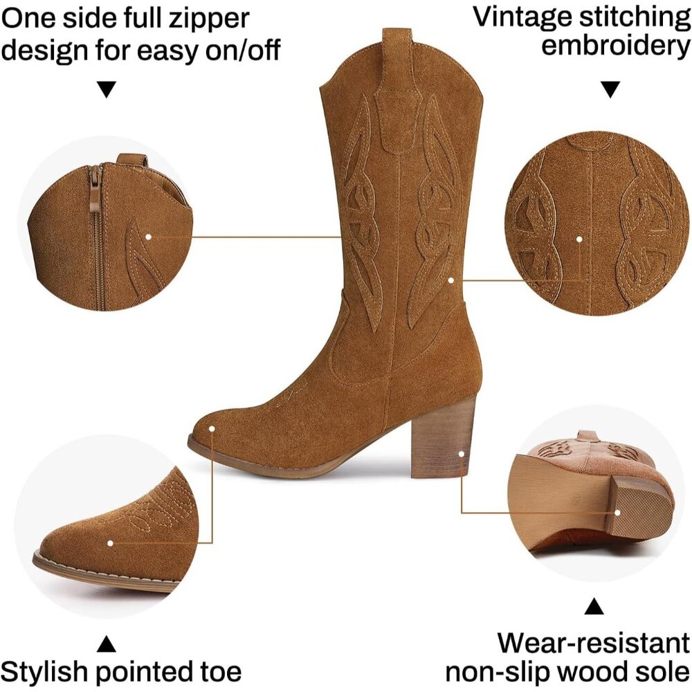 ⚡Women's Camel Mid Calf Cowgirl Boots Western Embroidered Country High Heel - Picture 5 of 6